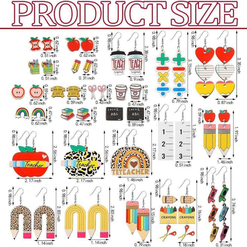 24 Pairs Teacher Earrings Acrylic Dangle Colorful Spring Apple Pencil Gift for W - Picture 2 of 7
